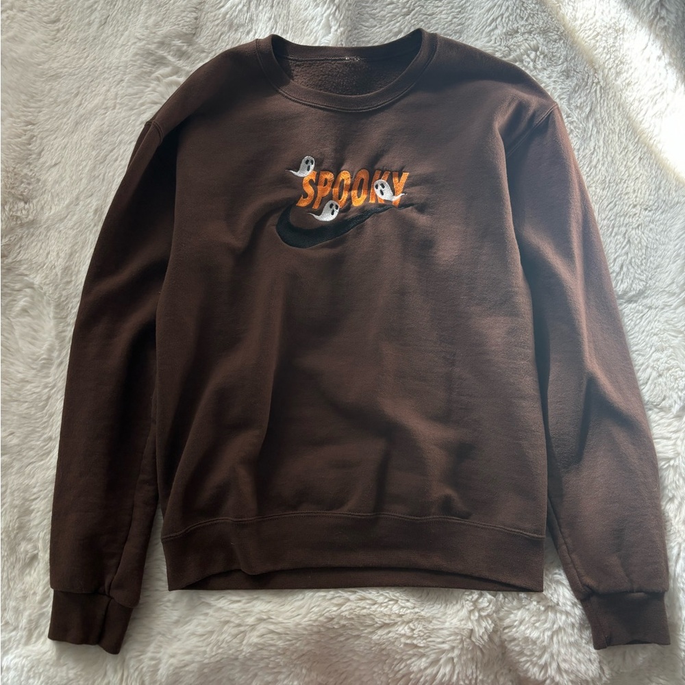 Custom Nike Spooky Ghost Fall Embroidered Crewneck Sweatshirt in Brown